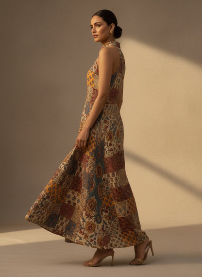 Patchwork Elegance Halter Maxi Dress