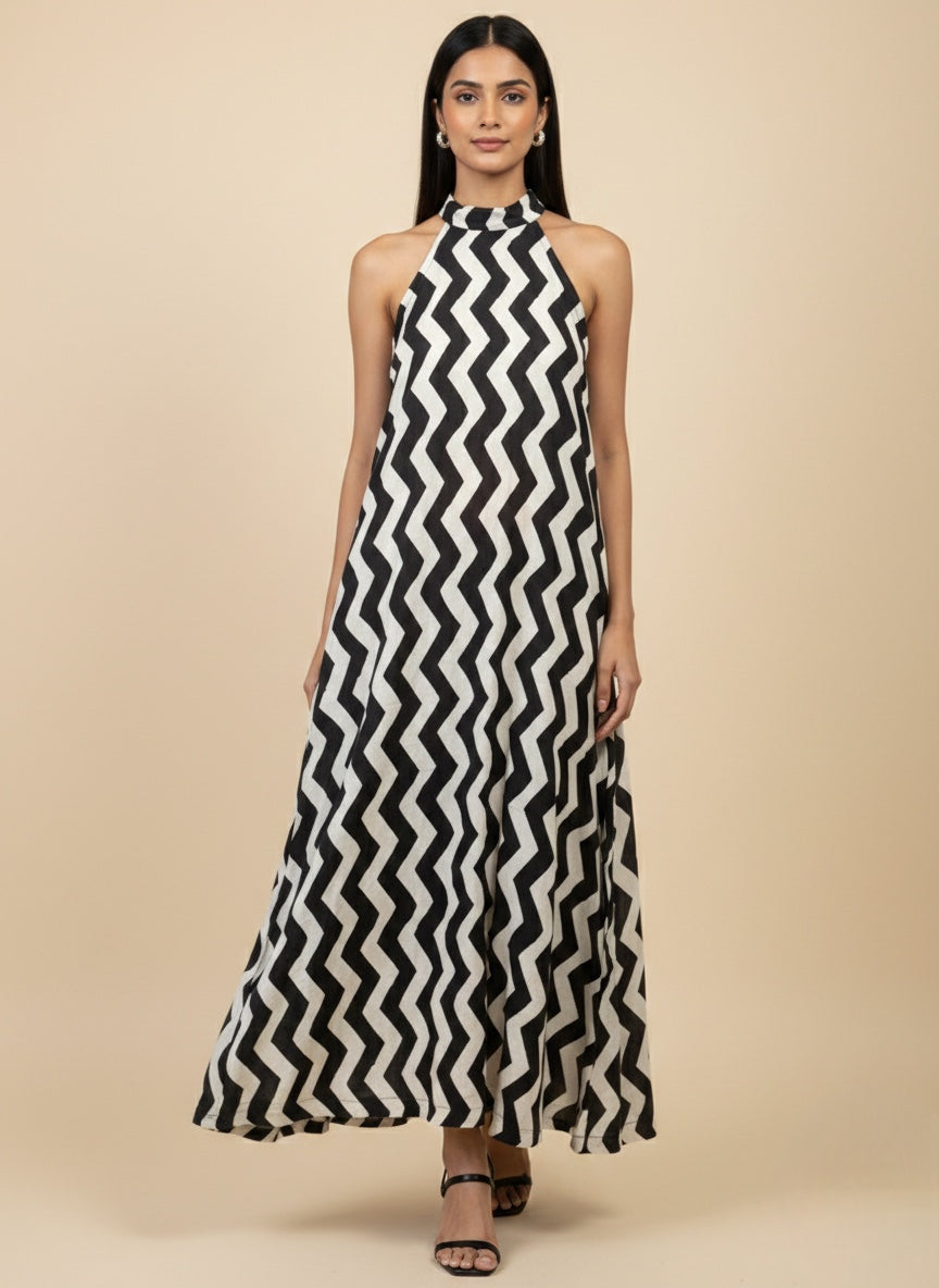 Monochrome Zigzag Halter Maxi Dress