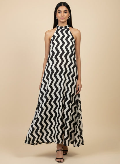 Monochrome Zigzag Halter Maxi Dress