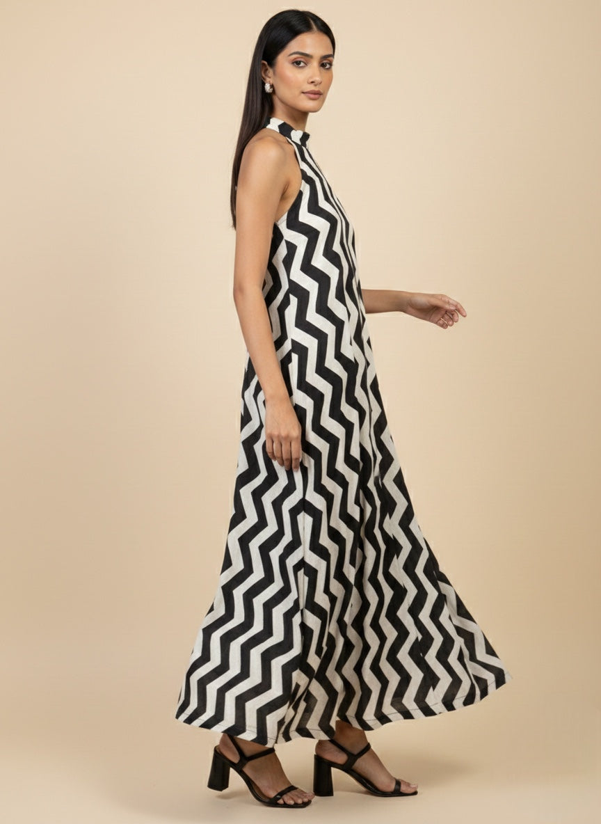 Monochrome Zigzag Halter Maxi Dress