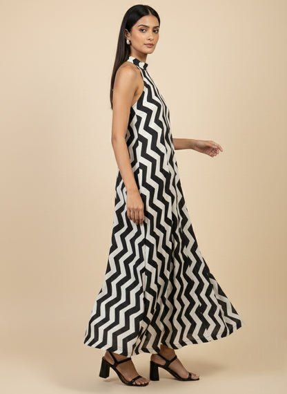 Monochrome Zigzag Halter Maxi Dress
