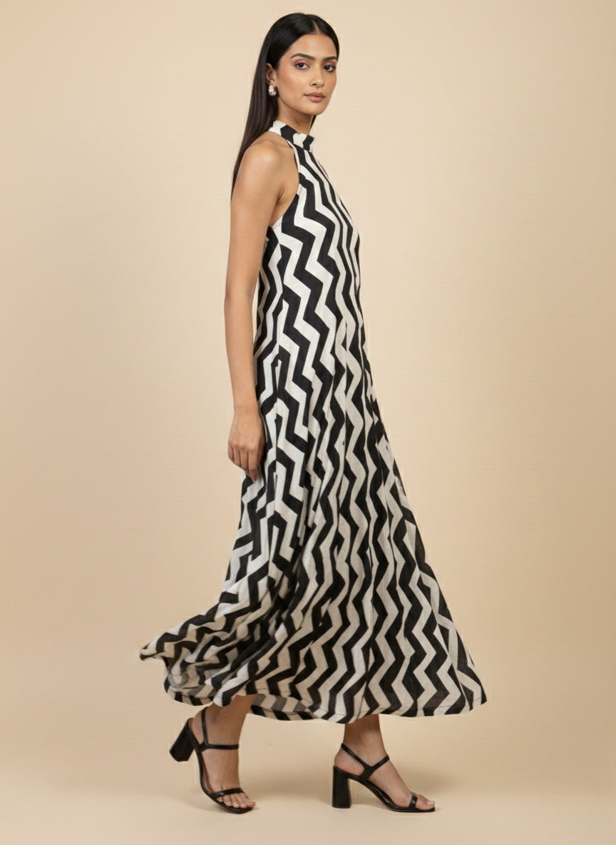 Monochrome Zigzag Halter Maxi Dress