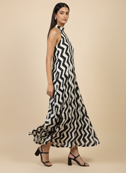 Monochrome Zigzag Halter Maxi Dress