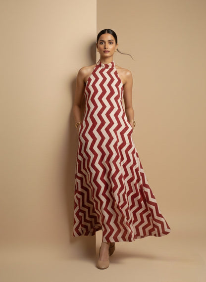 Crimson Chevron Halter Maxi Dress