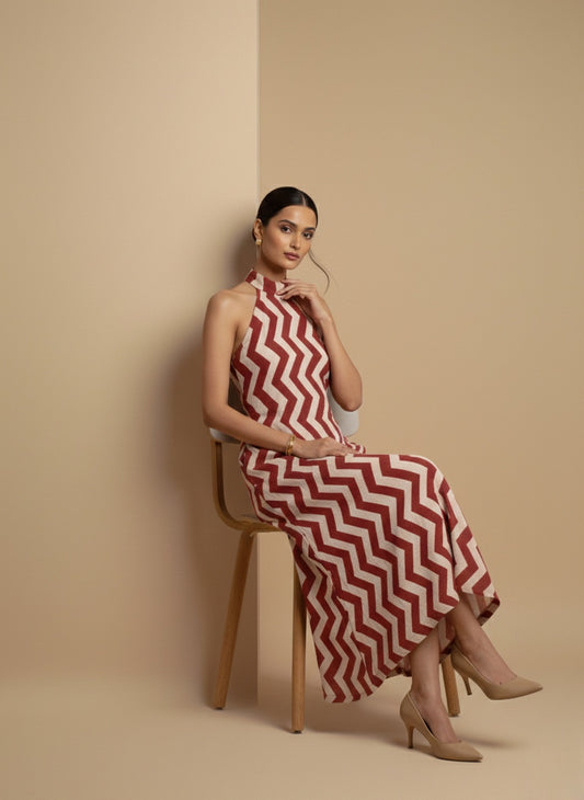 Crimson Chevron Halter Maxi Dress