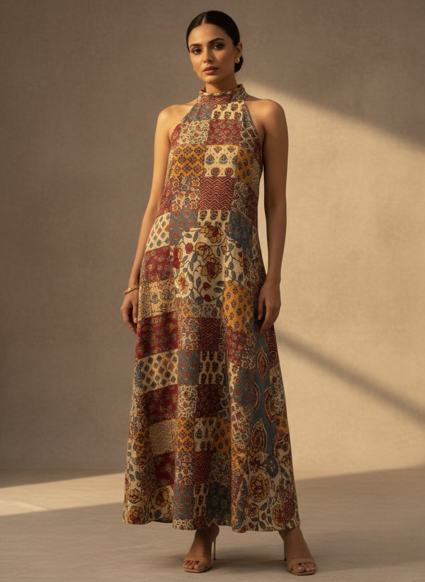 Patchwork Elegance Halter Maxi Dress