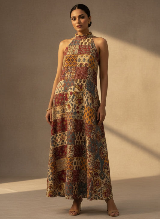 Patchwork Elegance Halter Maxi Dress