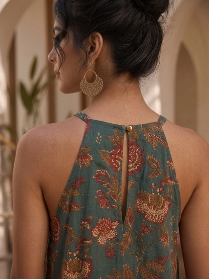 Teal Floral Halter Dress