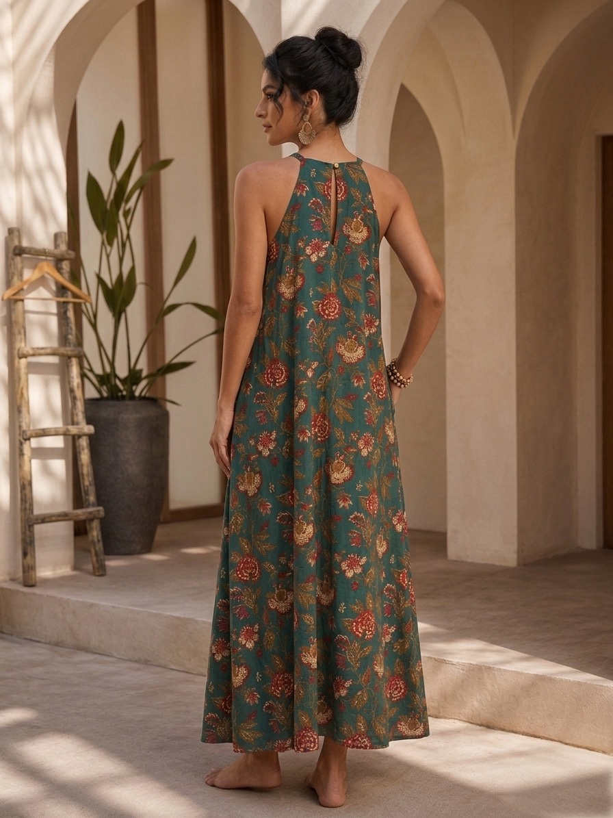 Teal Floral Halter Dress