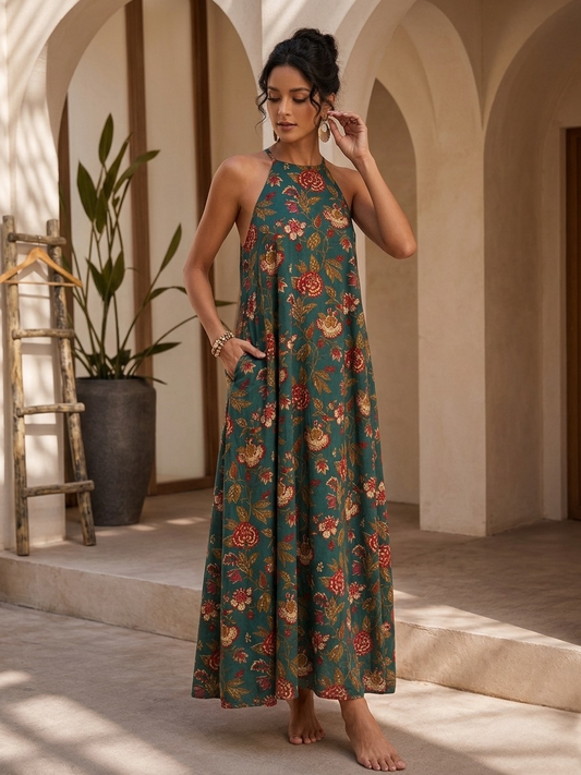 Teal Floral Halter Dress