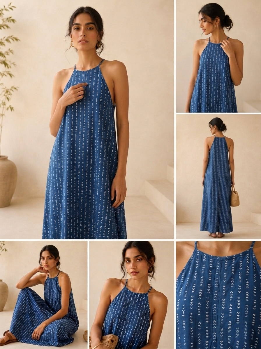 Azure A-Line Halter Maxi with Textured Stripes