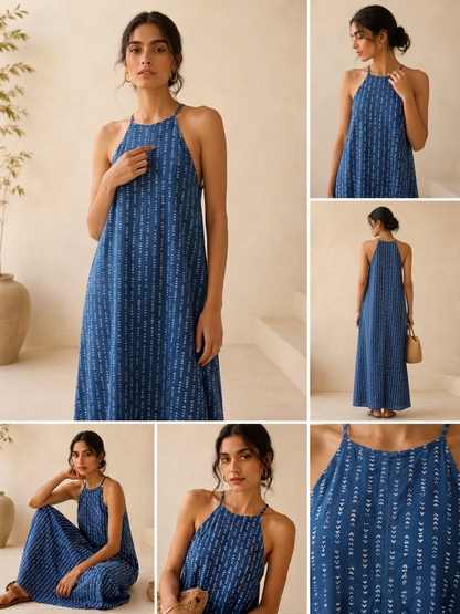 Azure A-Line Halter Maxi with Textured Stripes