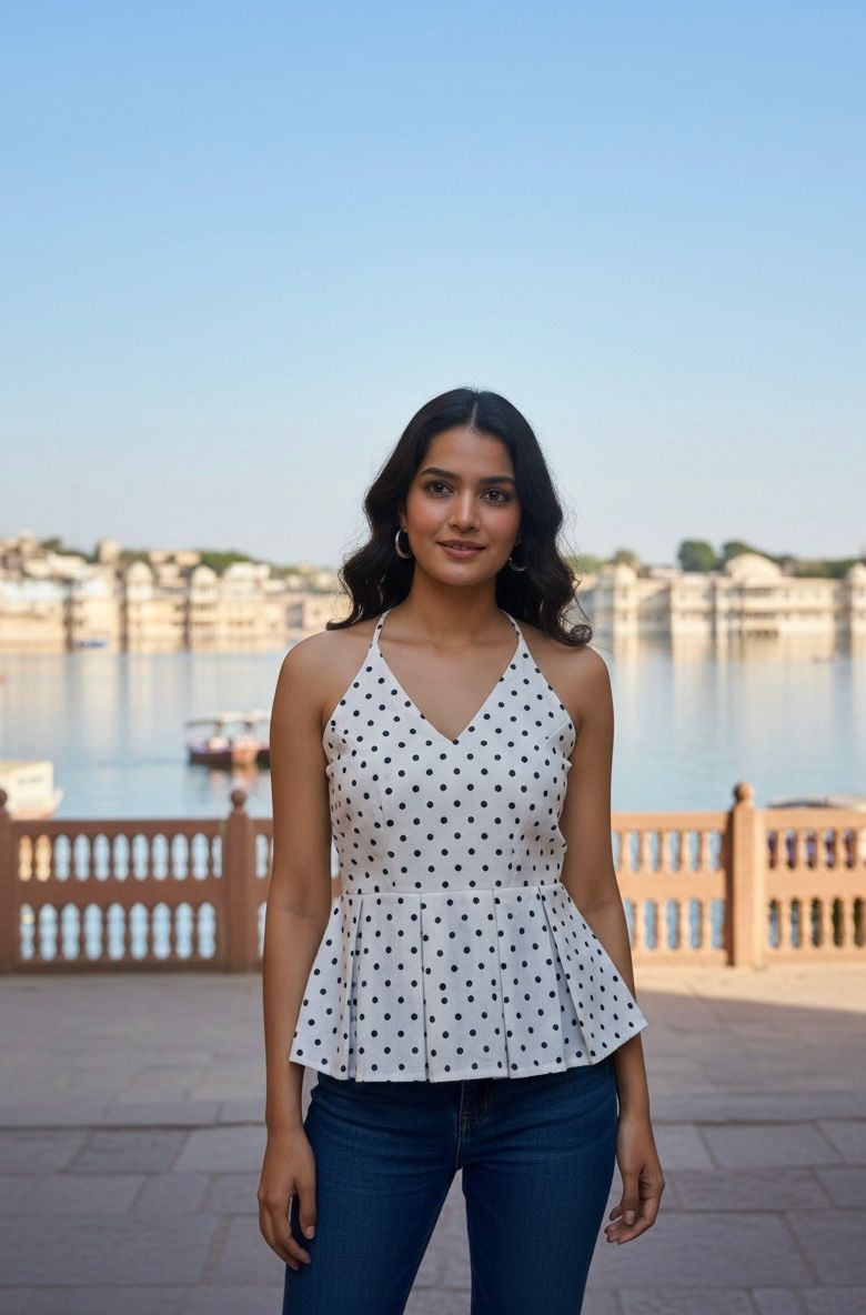 Classic Polka Peplum Halter Top