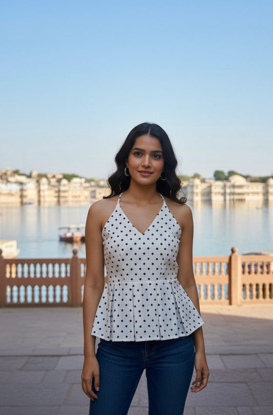 Classic Polka Peplum Halter Top