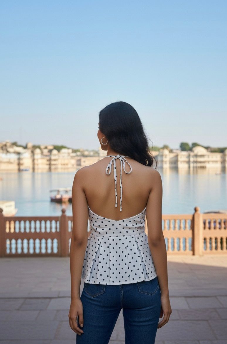 Classic Polka Peplum Halter Top