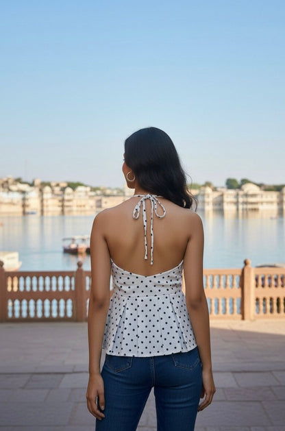 Classic Polka Peplum Halter Top
