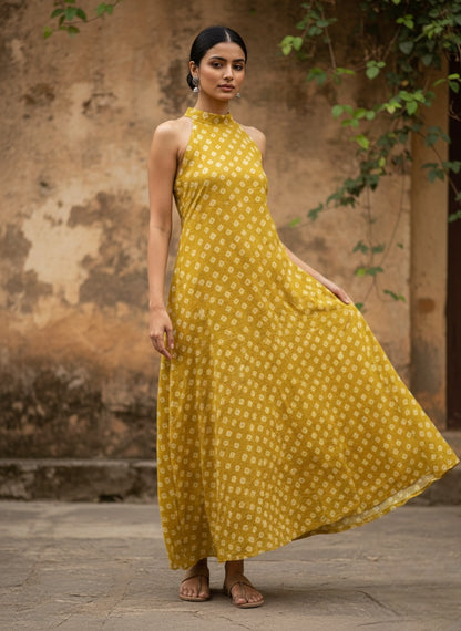 Yellow-Bandhani Halter Maxi Dress